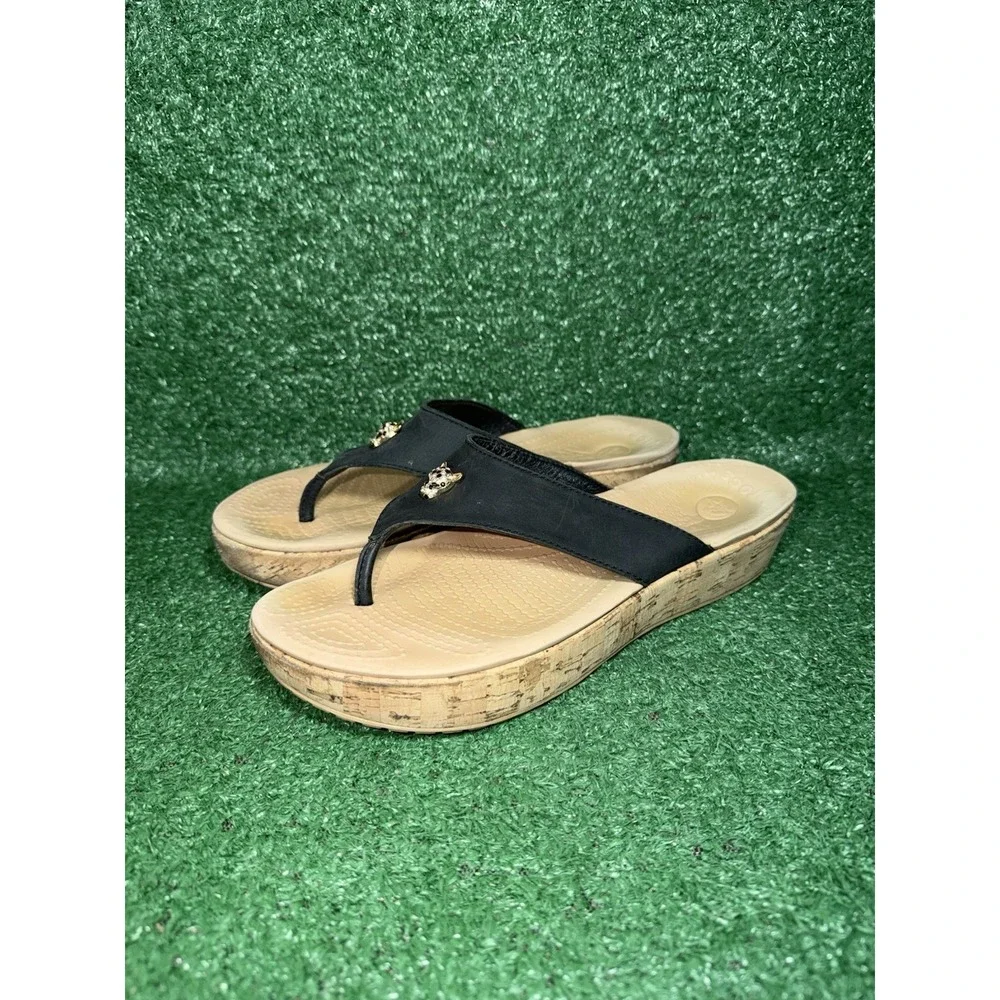 CROCS A-Leigh Leather Platform Wedge Sandals Strappy Cork Heel Womens Size 9 - Picture 3 of 10